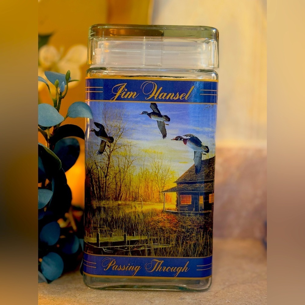 Jim Hansel "Passing Through" Canister Glass 2007 8.25 x 4W With Ducks And Cabin